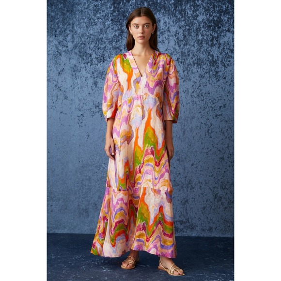 Marie Oliver Dress Multi‎ Marlee Pastel Marble Linen Maxi Sundress - Picture 1 of 13